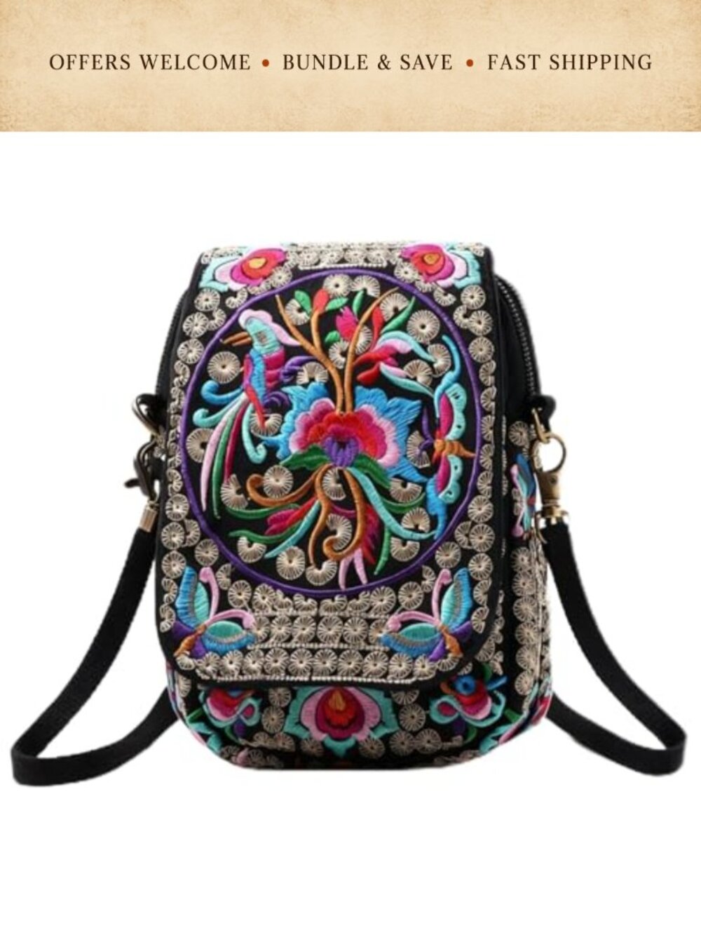Small Embroidered Crossbody Cell Phone Purse Vintage Floral Handmade